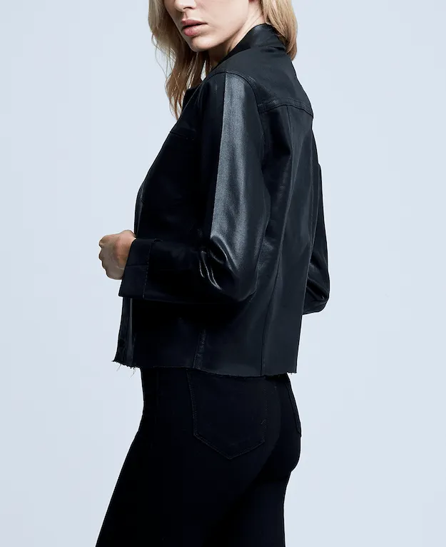 L'AGENCE Janelle Slim Raw Coated Jacket In Saturated Black Coated Streetwear Fan Family Style Comfy Option