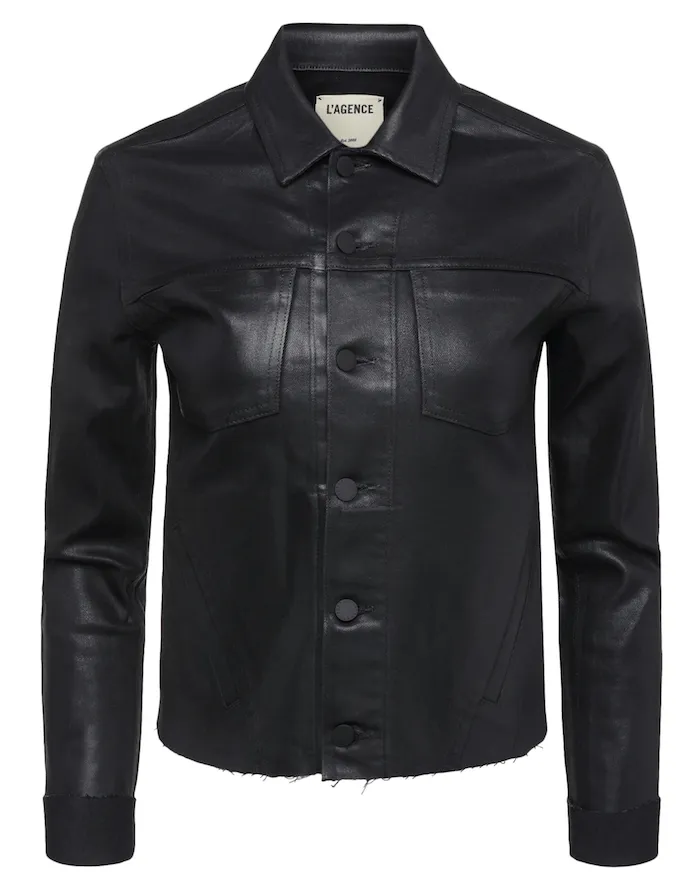 L'AGENCE Janelle Slim Raw Coated Jacket In Saturated Black Coated Holiday Vibes Date Night Lightweight Lightweight Morning Stroll Durable