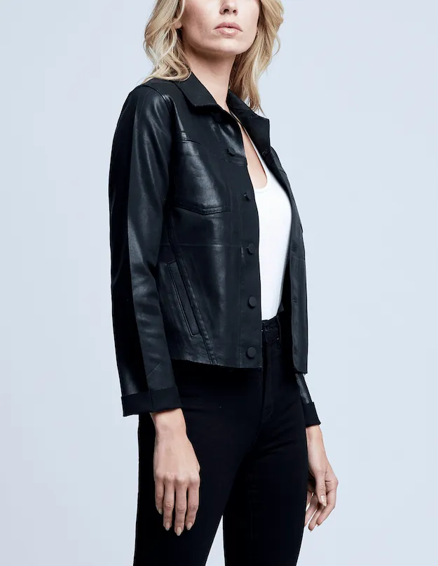 Minimalist Styling L'AGENCE Janelle Slim Raw Coated Jacket In Saturated Black Coated