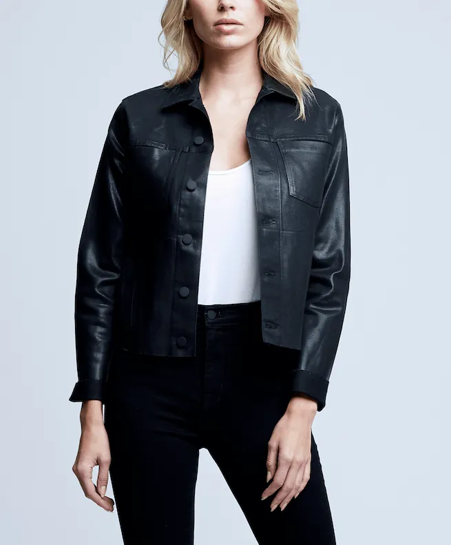 Stretch Road Trip Brunch Outfit Street Fashion Breathable L'AGENCE Janelle Slim Raw Coated Jacket In Saturated Black Coated