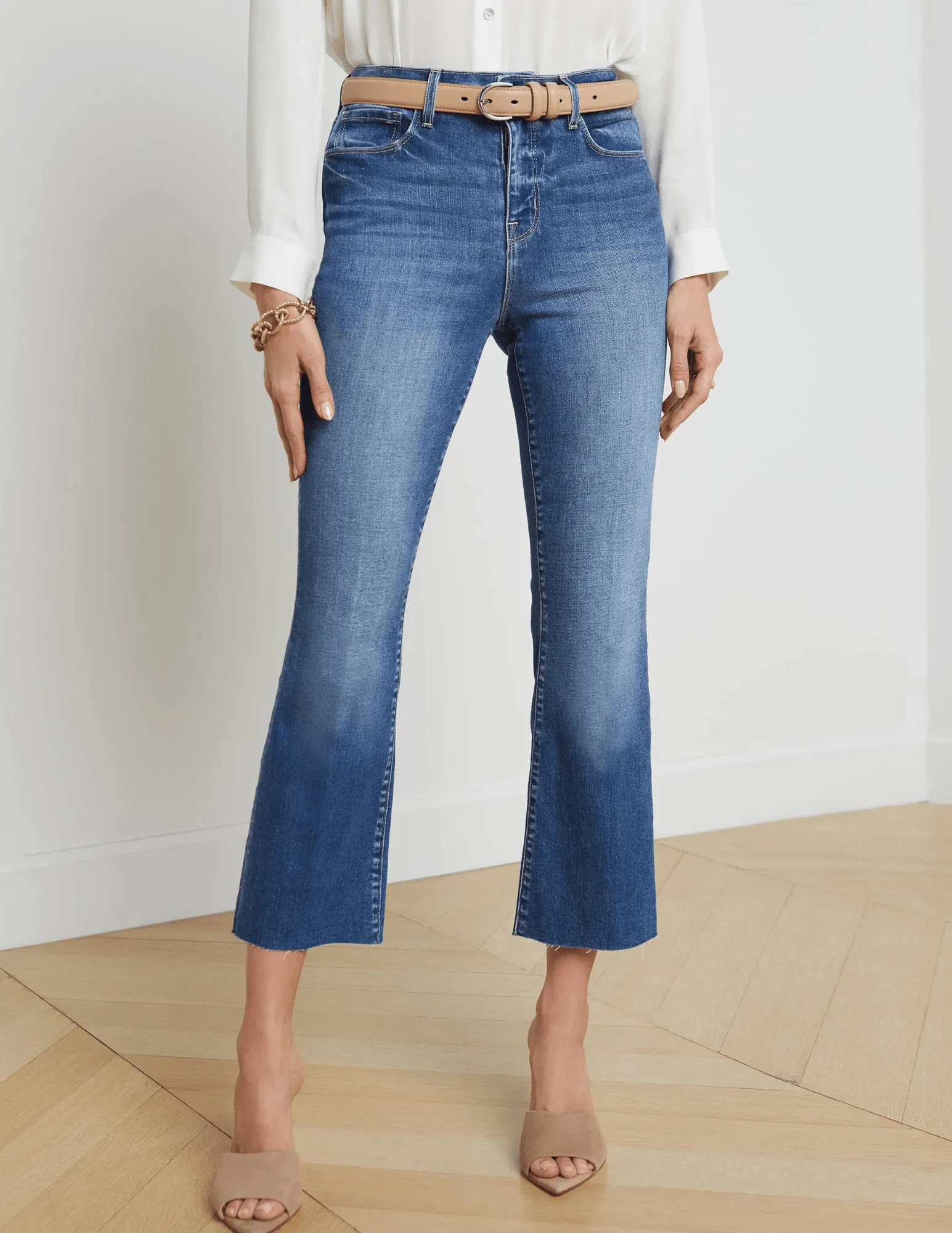 Breathable Weekend Warrior Travel Outfit L'AGENCE Kendra High Rise Crop Flare Jeans in Cambridge