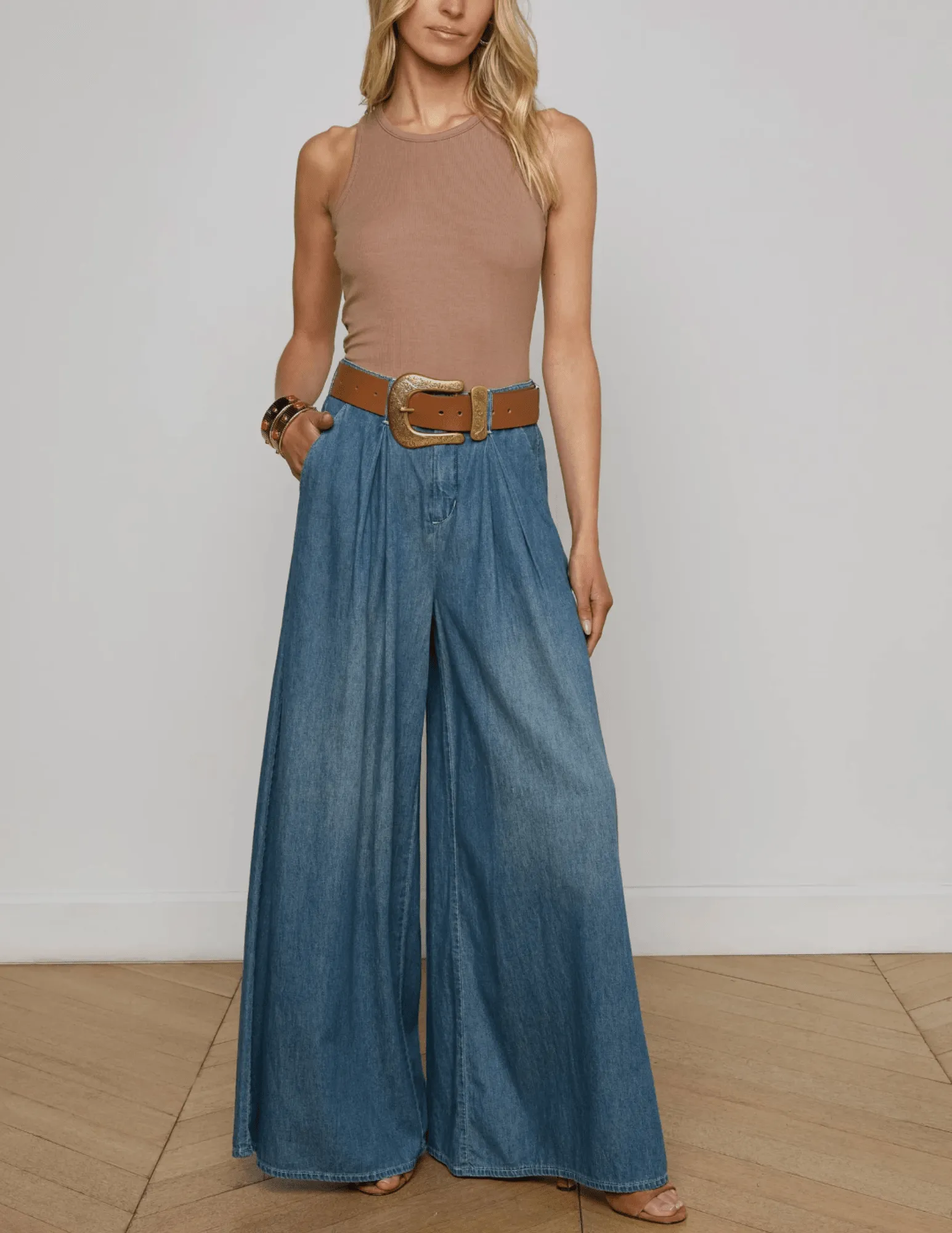 Traveler Gear Summer Vibes Fashion Lover Durable Rivet Hardware L'AGENCE Lorenza High Rise Palazzo Jeans in Saratoga