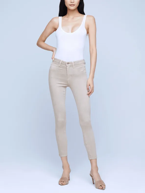 L'AGENCE Margot High Rise Skinny Jeans In Biscuit Minimalist Elegant Double Layered Knees