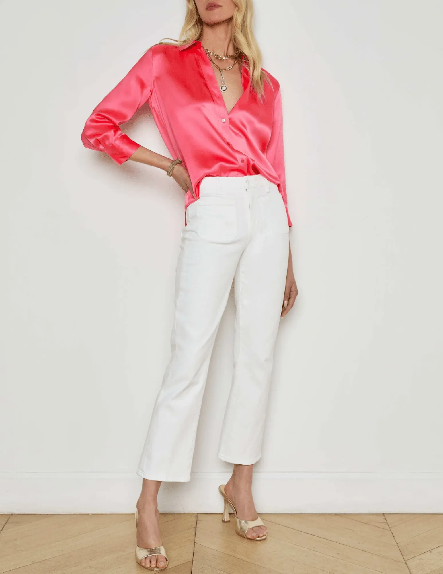 L??AGENCE Noya Cropped Slim Flare Jeans in Blanc Party Look Sunny Vibes Couple Look