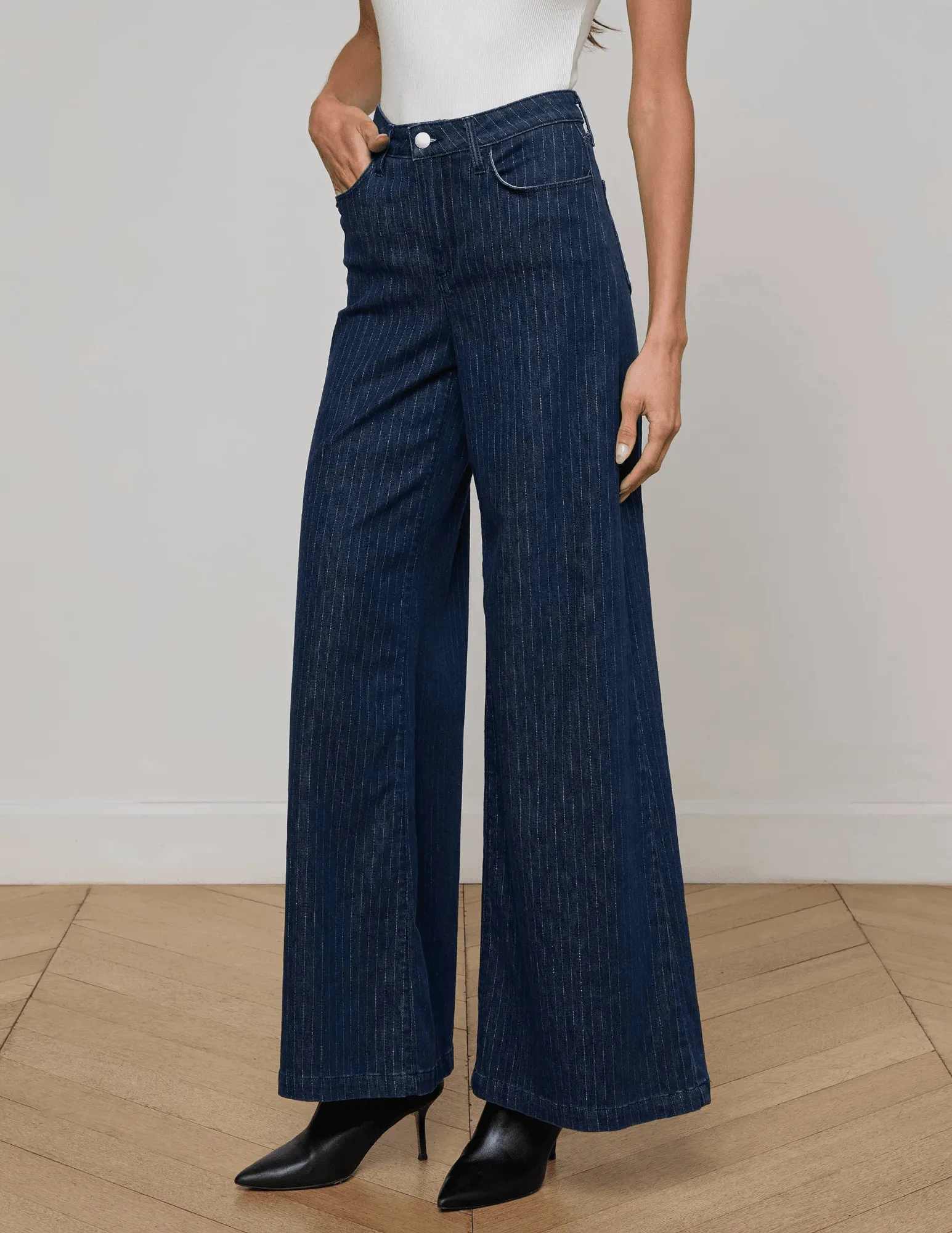 L??AGENCE Quincy High Rise Ultra Wide Leg Jeans in Ebony Stripe Cropped length Solid Choice