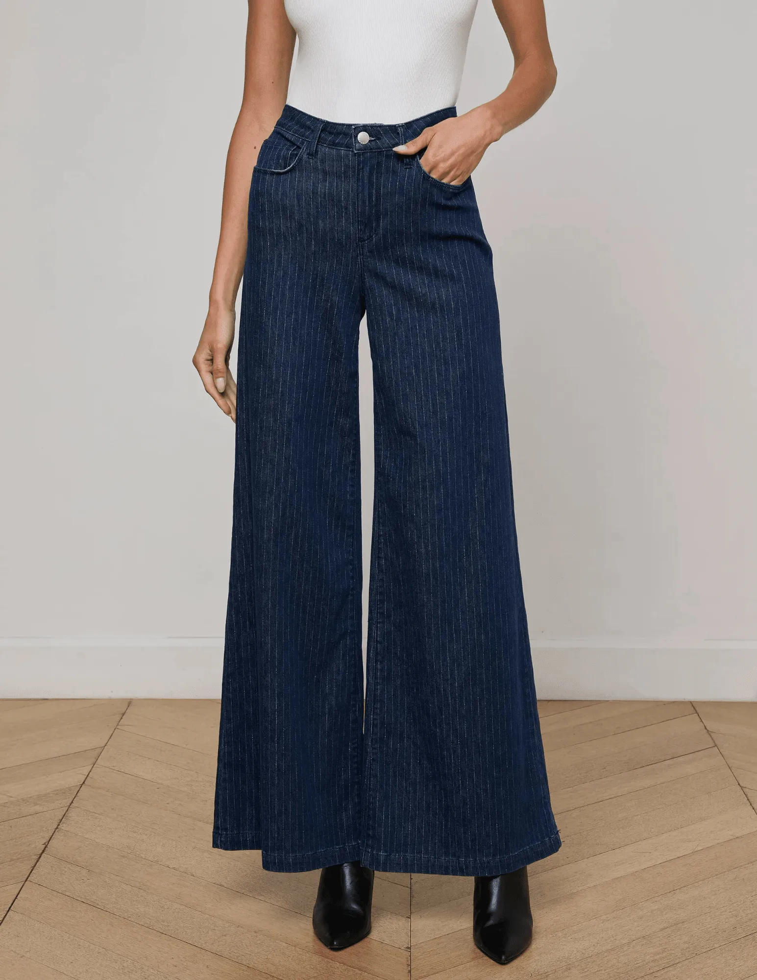 slim fit Flawless Look L??AGENCE Quincy High Rise Ultra Wide Leg Jeans in Ebony Stripe