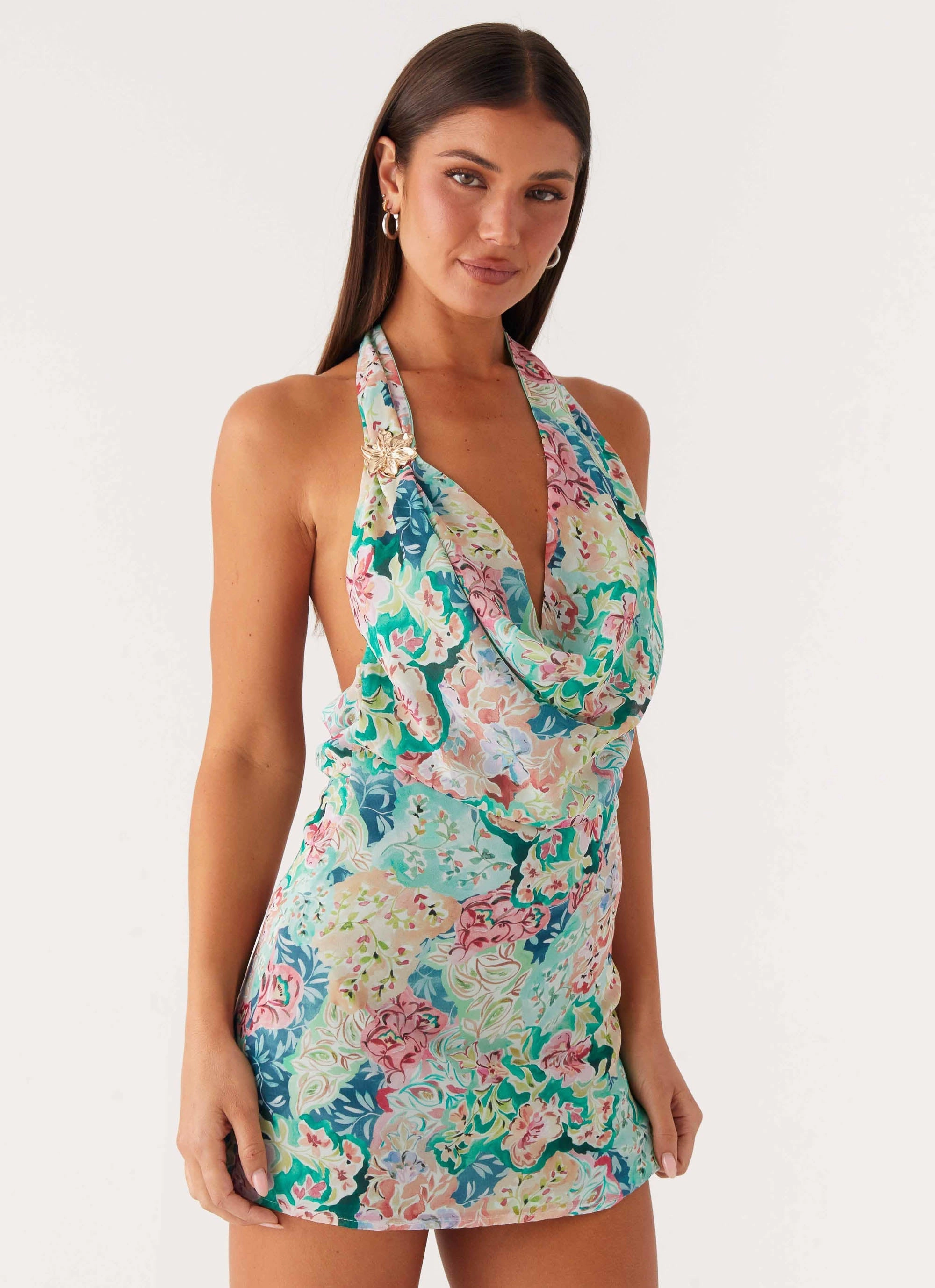 Laid-Back Cowl Mini Dress - Santorini Floral Nordic Calm Essential Layer