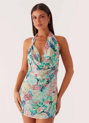 Laid-Back Cowl Mini Dress - Santorini Floral Chic Vibe Laid-Back Cowl Mini Dress - Santorini Floral Layered Style