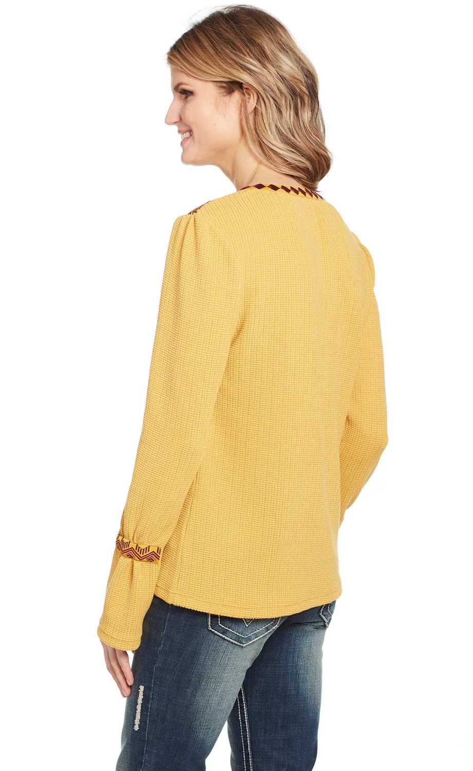 Year Rounder Cowgirl Up Womens Yellow Polyester Geometric Southwestern Blouse L/S