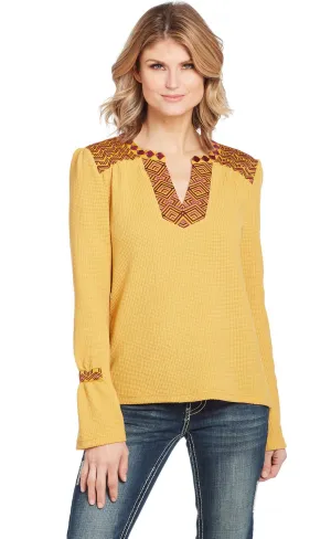 Laser Cut Edges Cowgirl Up Womens Yellow Polyester Geometric Southwestern Blouse L/S Cowgirl Up Womens Yellow Polyester Geometric Southwestern Blouse L/S Flat Lock Stitching Comfy Choice