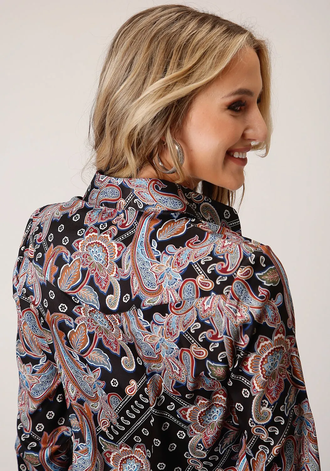 Family Style Elegant Stretch Fabric Roper Womens Black Polyester Boho Paisley L/S Shirt