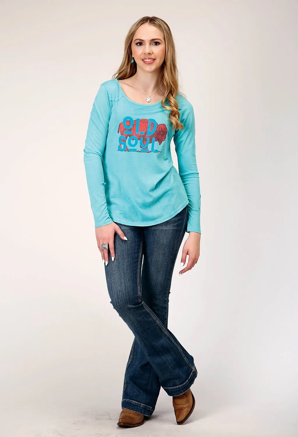 Functional Style Roper Womens Old Soul Turquoise Poly/Rayon L/S T-Shirt