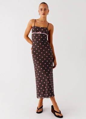 Latto Midi Dress - Chocolate Strawberry Dot UVResistant Coating Fresh Energy Latto Midi Dress - Chocolate Strawberry Dot