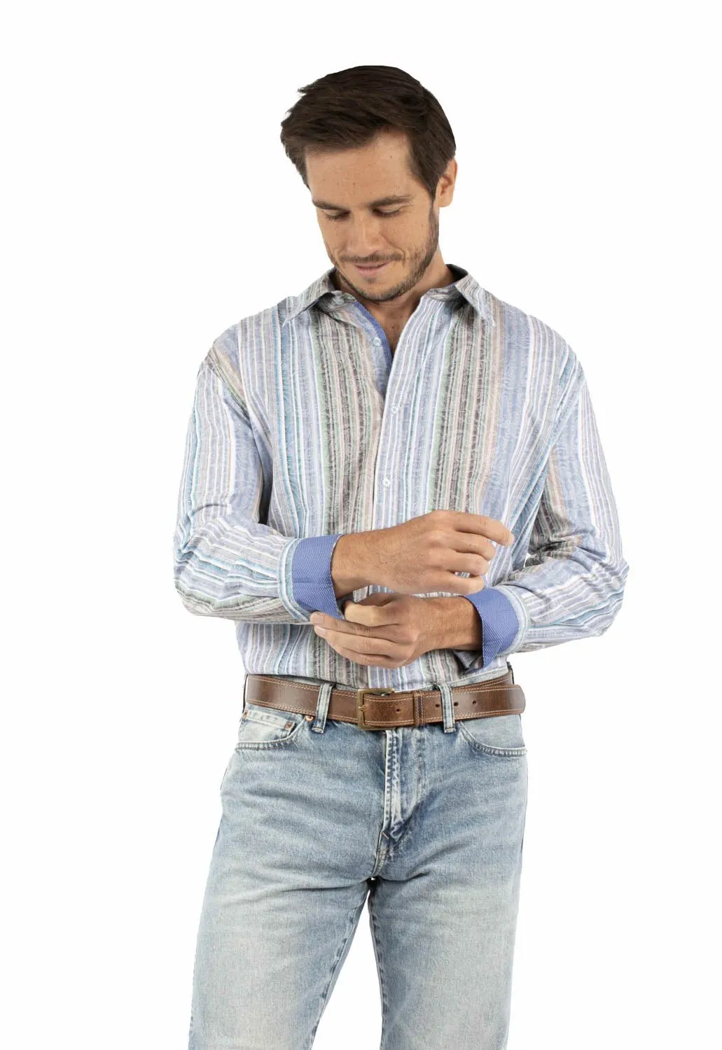 Fashionable Look Scully Mens Paisley Jacquard Stripe Blue 100% Cotton L/S Shirt