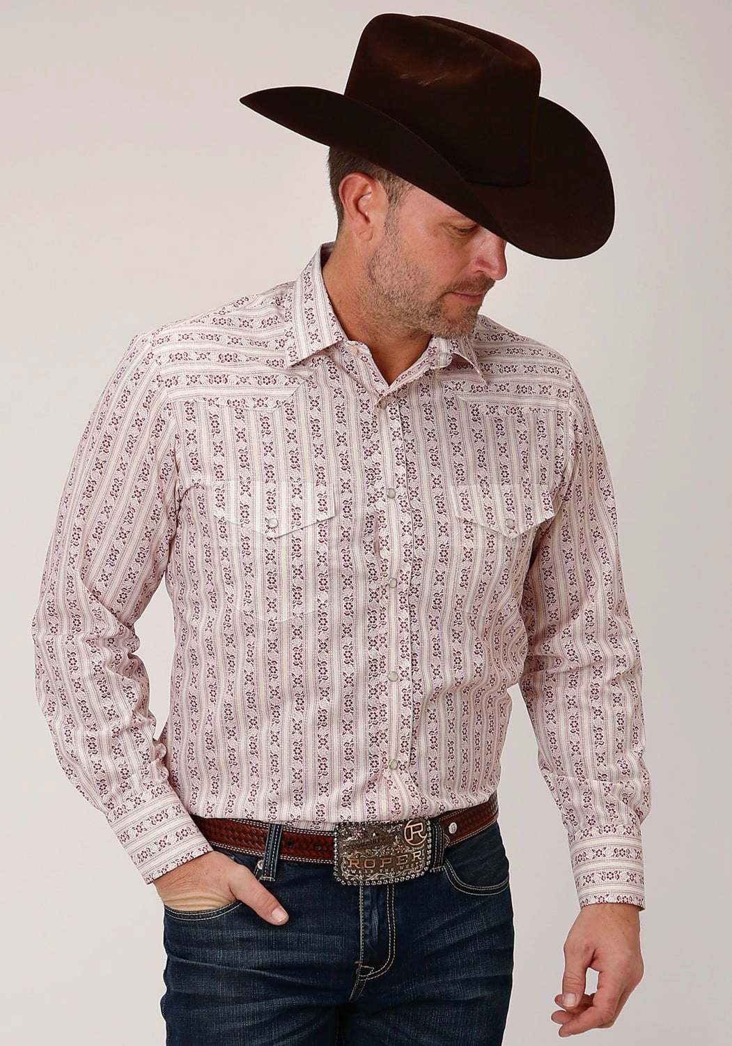 Roper Mens Wine/Cream Cotton Blend Wallpaper L/S Shirt Classic Wear Perfect Wear