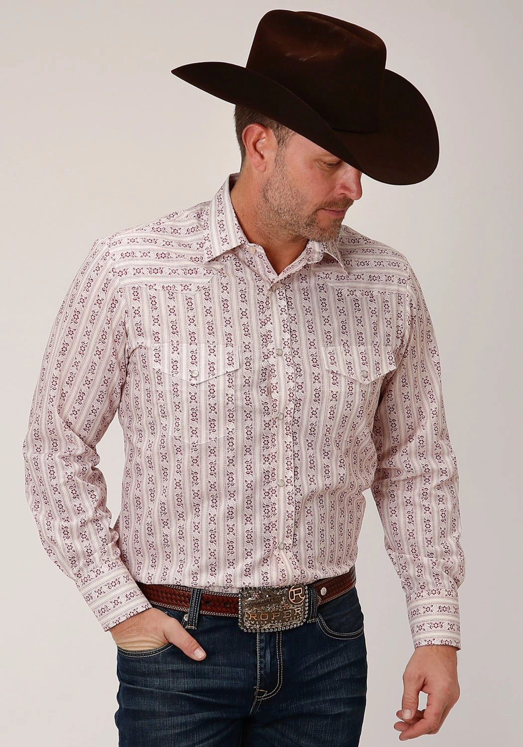 Roper Mens Wine/Cream Cotton Blend Wallpaper L/S Shirt Date night Non Irritating Seams