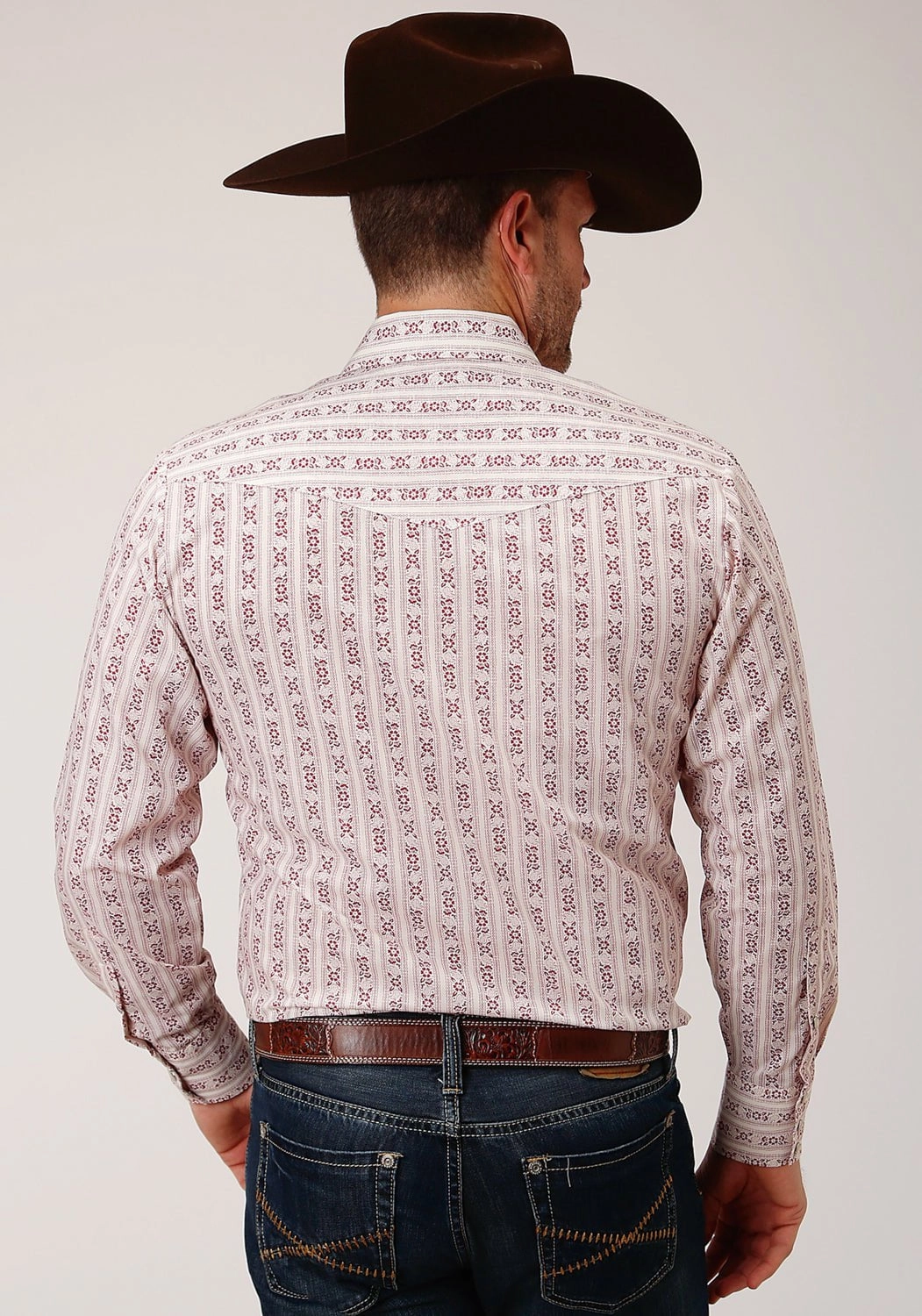 Roper Mens Wine/Cream Cotton Blend Wallpaper L/S Shirt Casual Fit