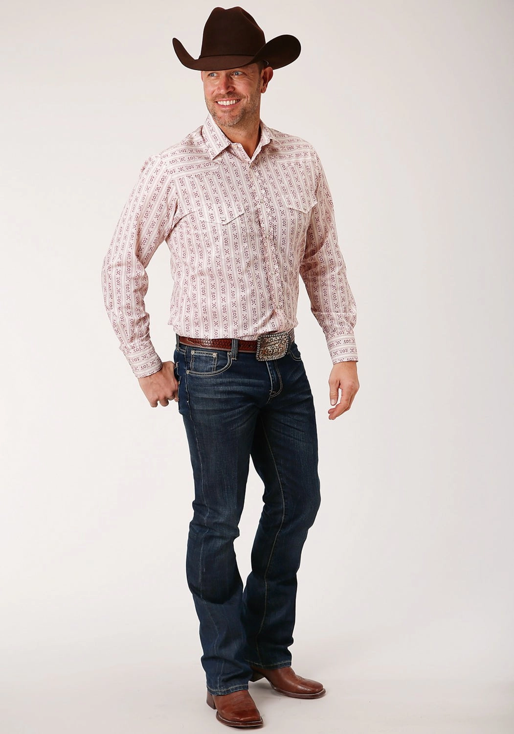 Budget Friendly Roper Mens Wine/Cream Cotton Blend Wallpaper L/S Shirt