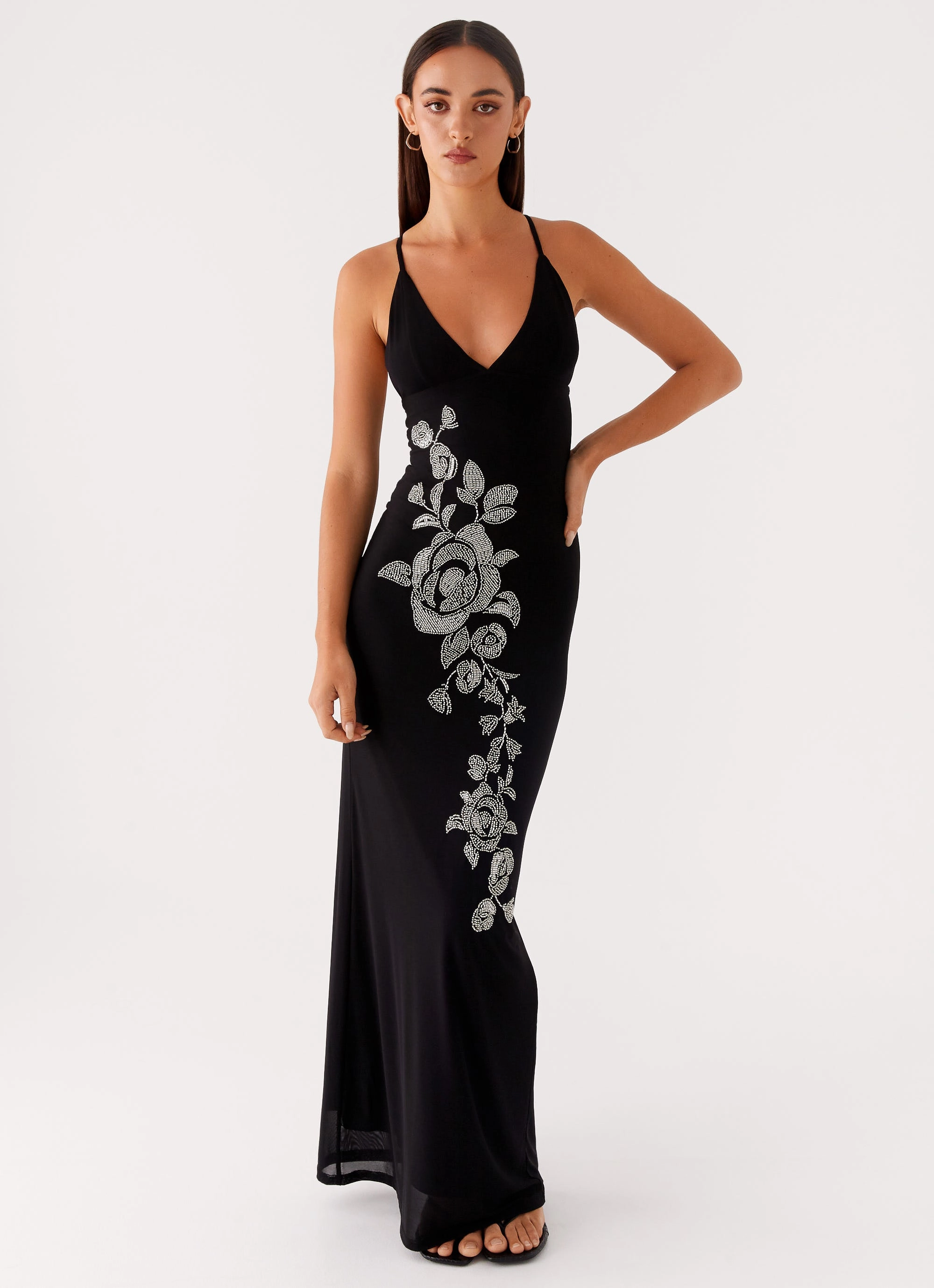 Cozy Base Dropped-Waist Beki Beaded Mesh Maxi Dress - Black