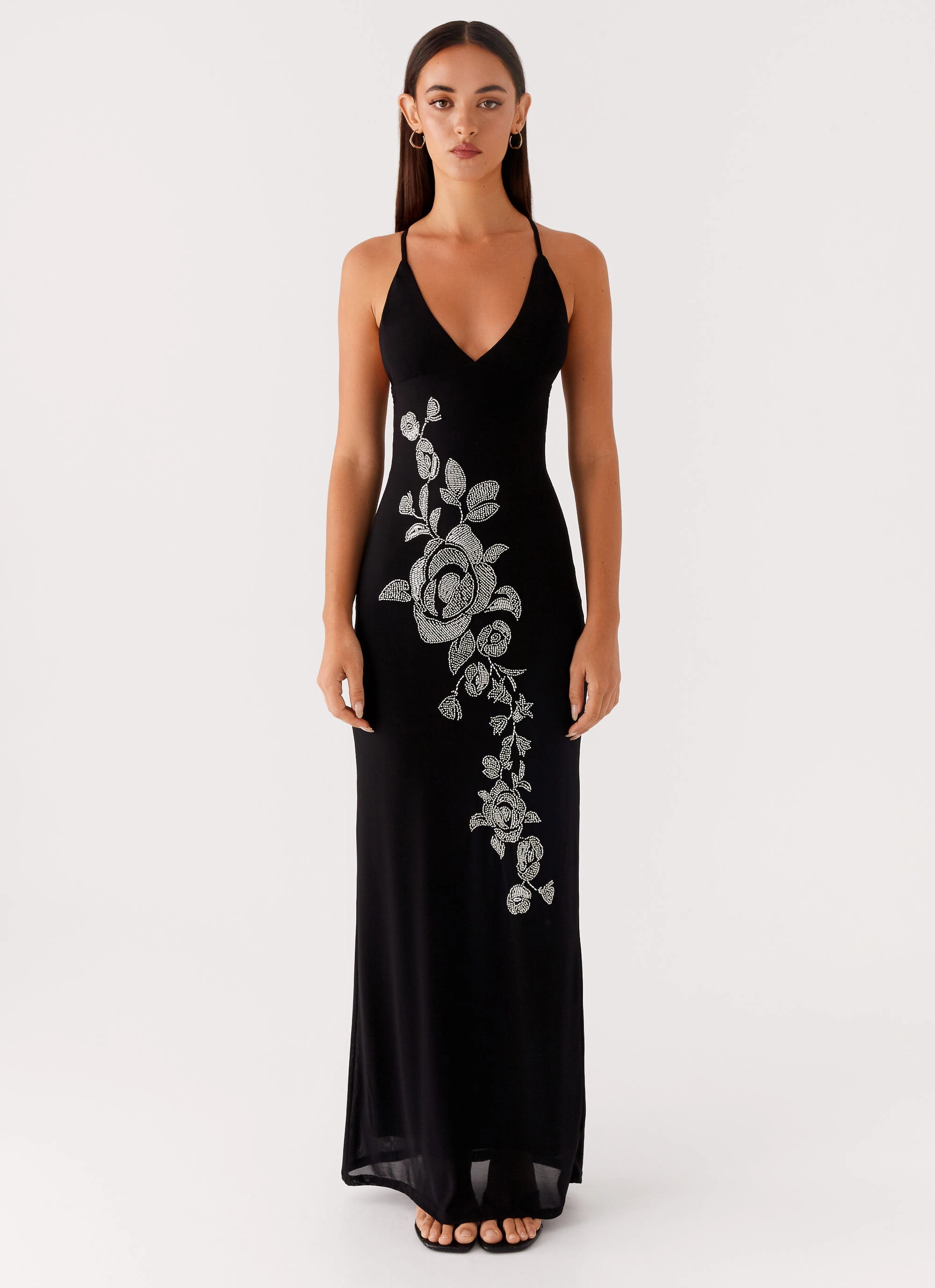 Confident Mood Button Accent Beki Beaded Mesh Maxi Dress - Black