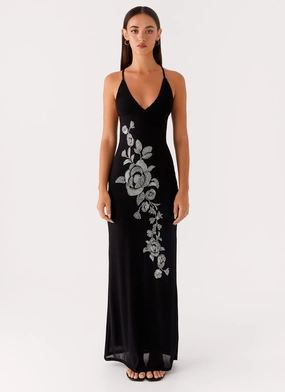 Layered Sleeves Beki Beaded Mesh Maxi Dress - Black Confident Mood Button Accent Beki Beaded Mesh Maxi Dress - Black