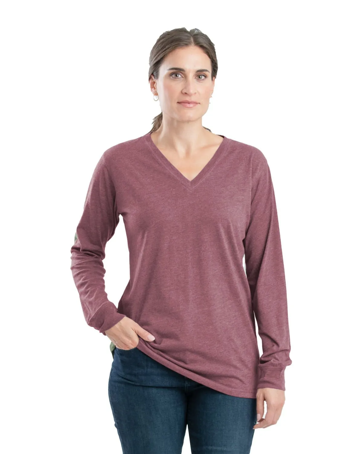 Berne Womens Performance V-Neck Mauve Cotton Blend L/S T-Shirt Preppy Vibe