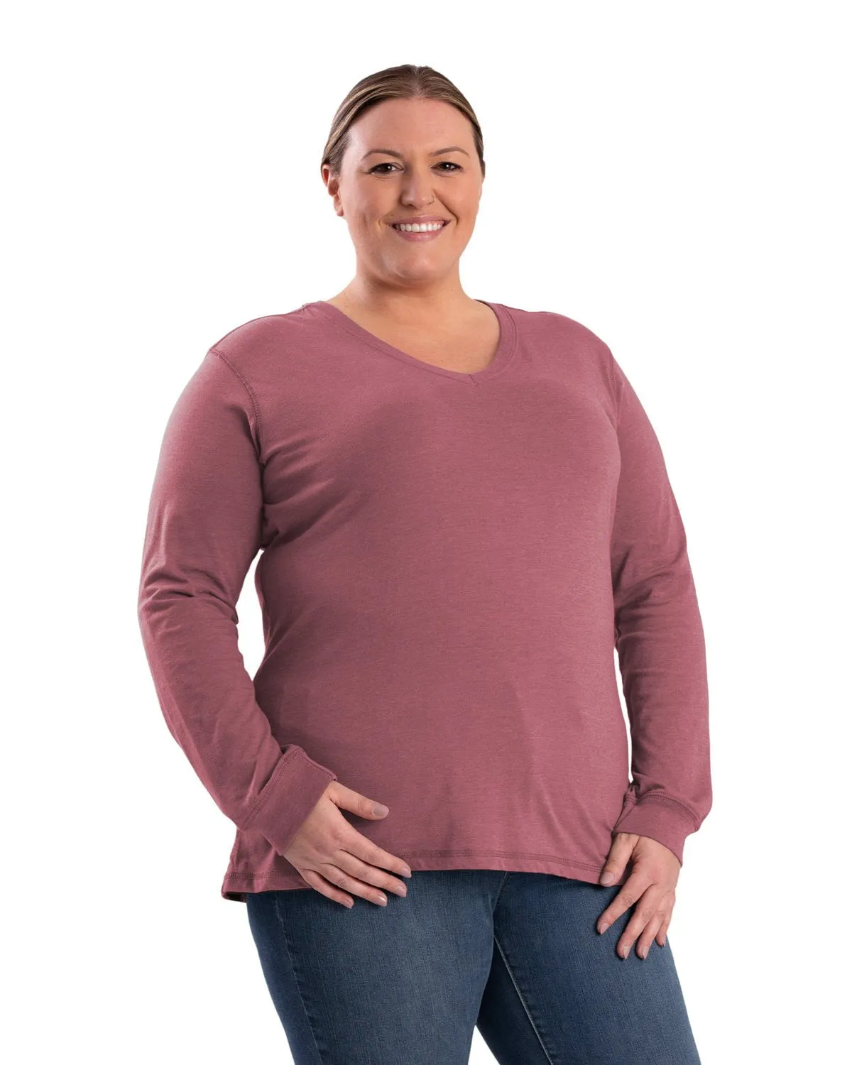 Berne Womens Performance V-Neck Mauve Cotton Blend L/S T-Shirt Chill Comfort Fall Foliage