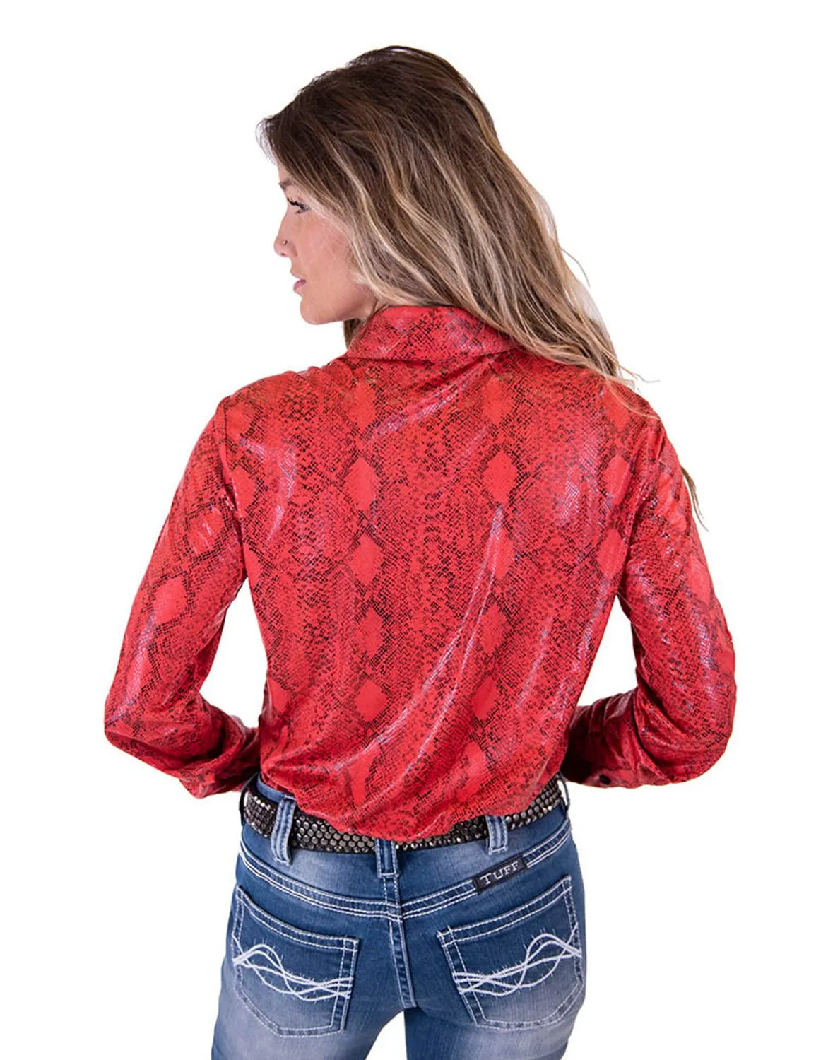 No Slip Shoulder Grip Cowgirl Tuff Womens Snakeskin Pullover Red Polyester L/S Shirt