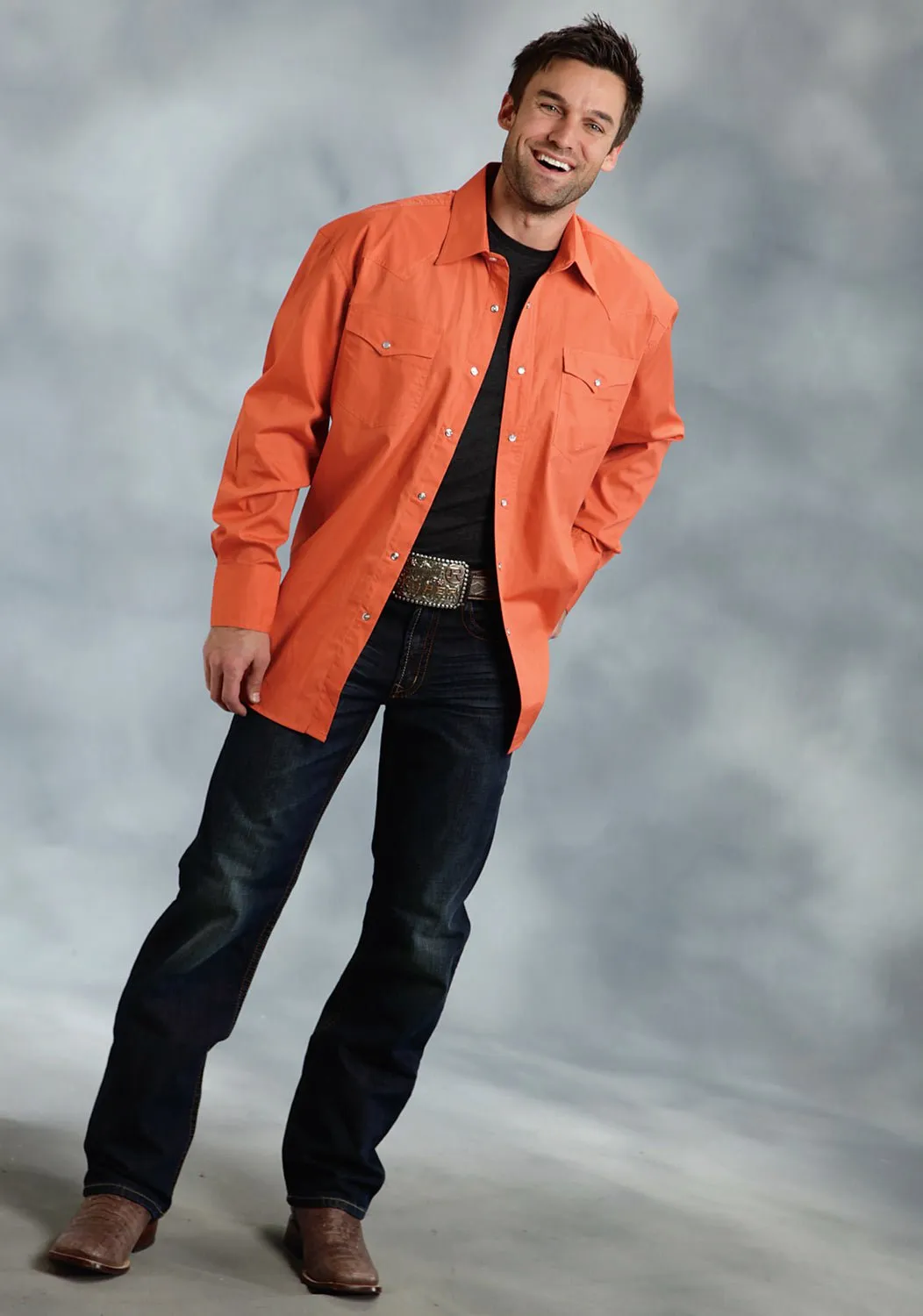 Roper Mens Orange 100% Cotton L/S 2 Pocket Western Shirt Odor Resistant