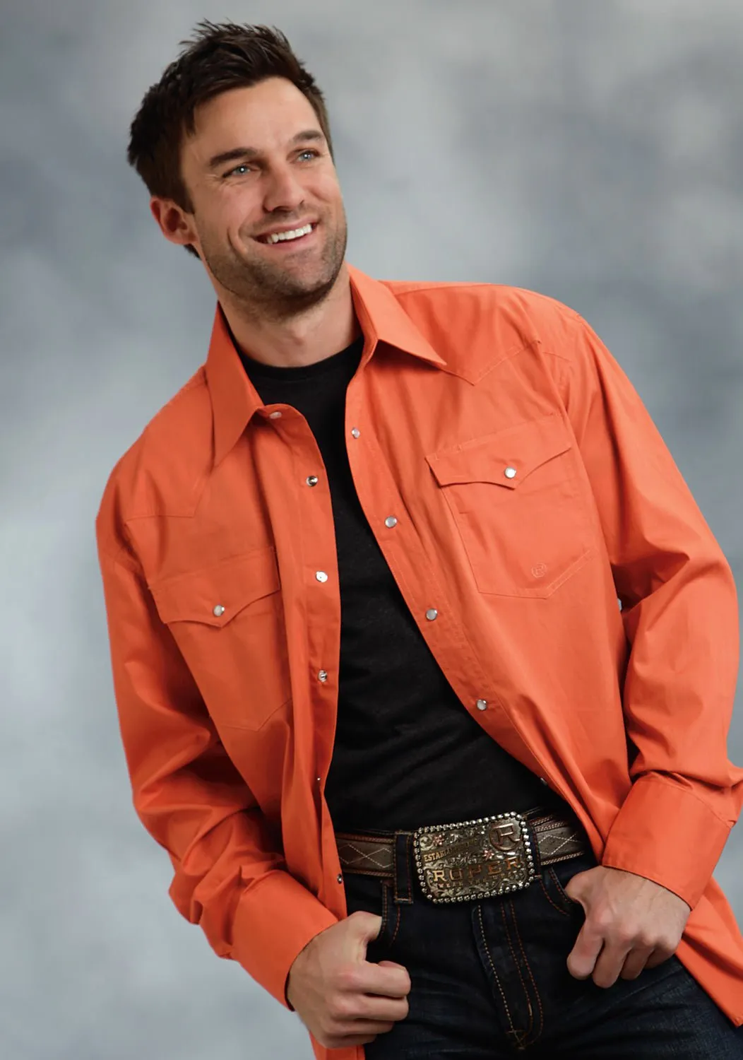Chill Wear Casual Hangout Roper Mens Orange 100% Cotton L/S 2 Pocket Western Shirt