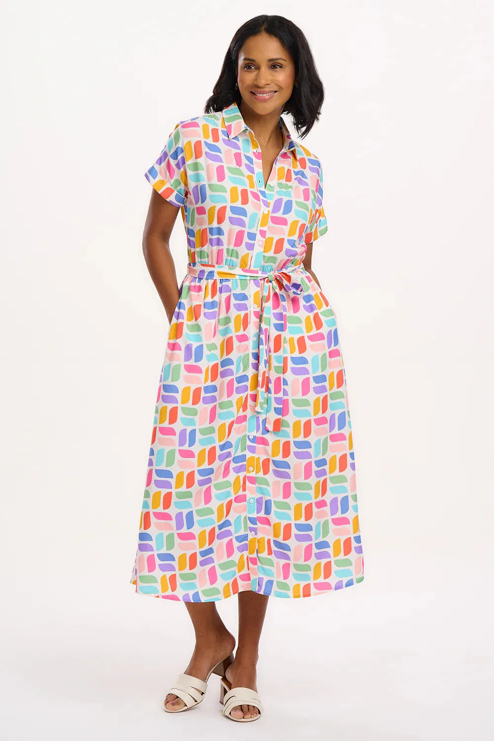 Leigh Midi Shirt Dress in Off White Curved Geometric Elegant Everyday