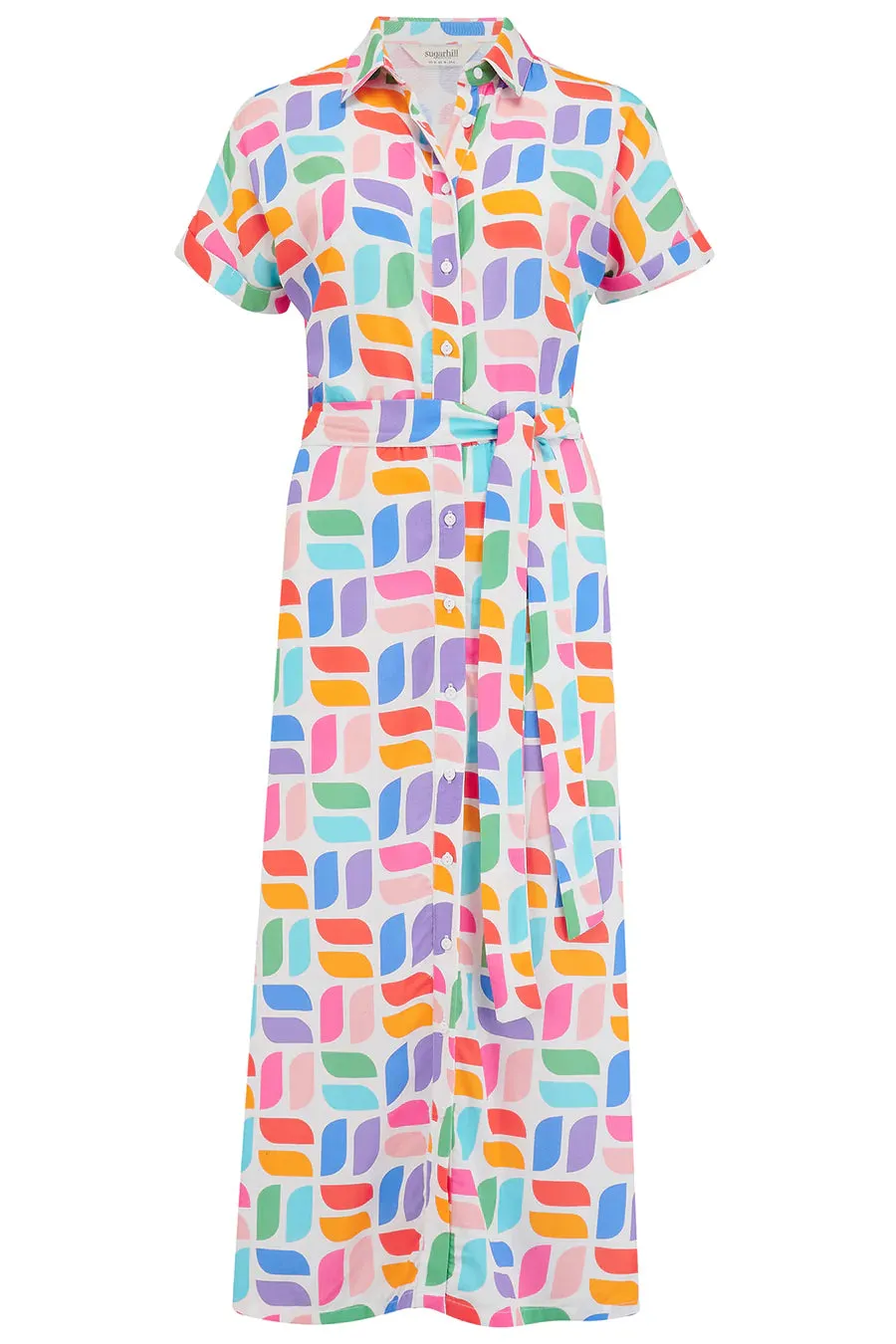 Sophisticated Comfort Summer Ease Leigh Midi Shirt Dress in Off White Curved Geometric
