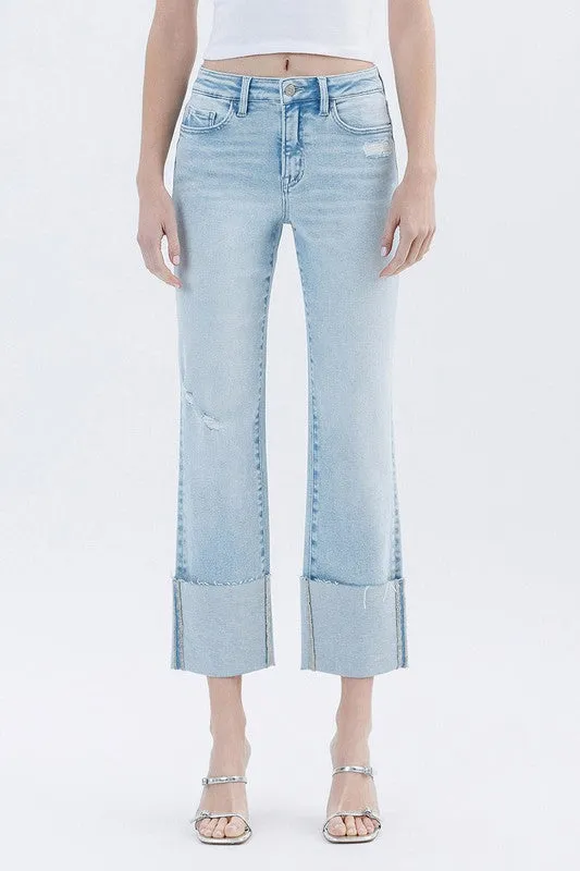 Multi Layer Knee Reinforcement Low Impact Manufacturing Lidia High Rise Cuffed Crop Straight Jeans