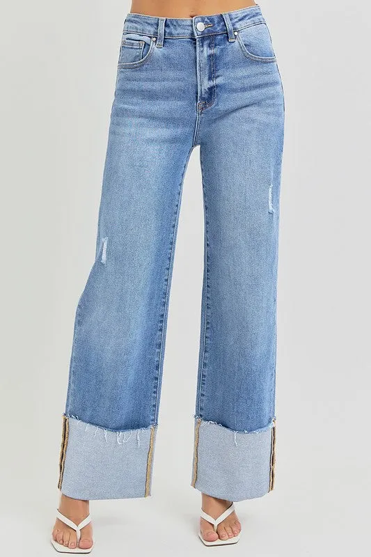 Sustainable Beach Day comfortable length FRANKIE HIGH RISE ANKLE WIDE CUFFED JEANS