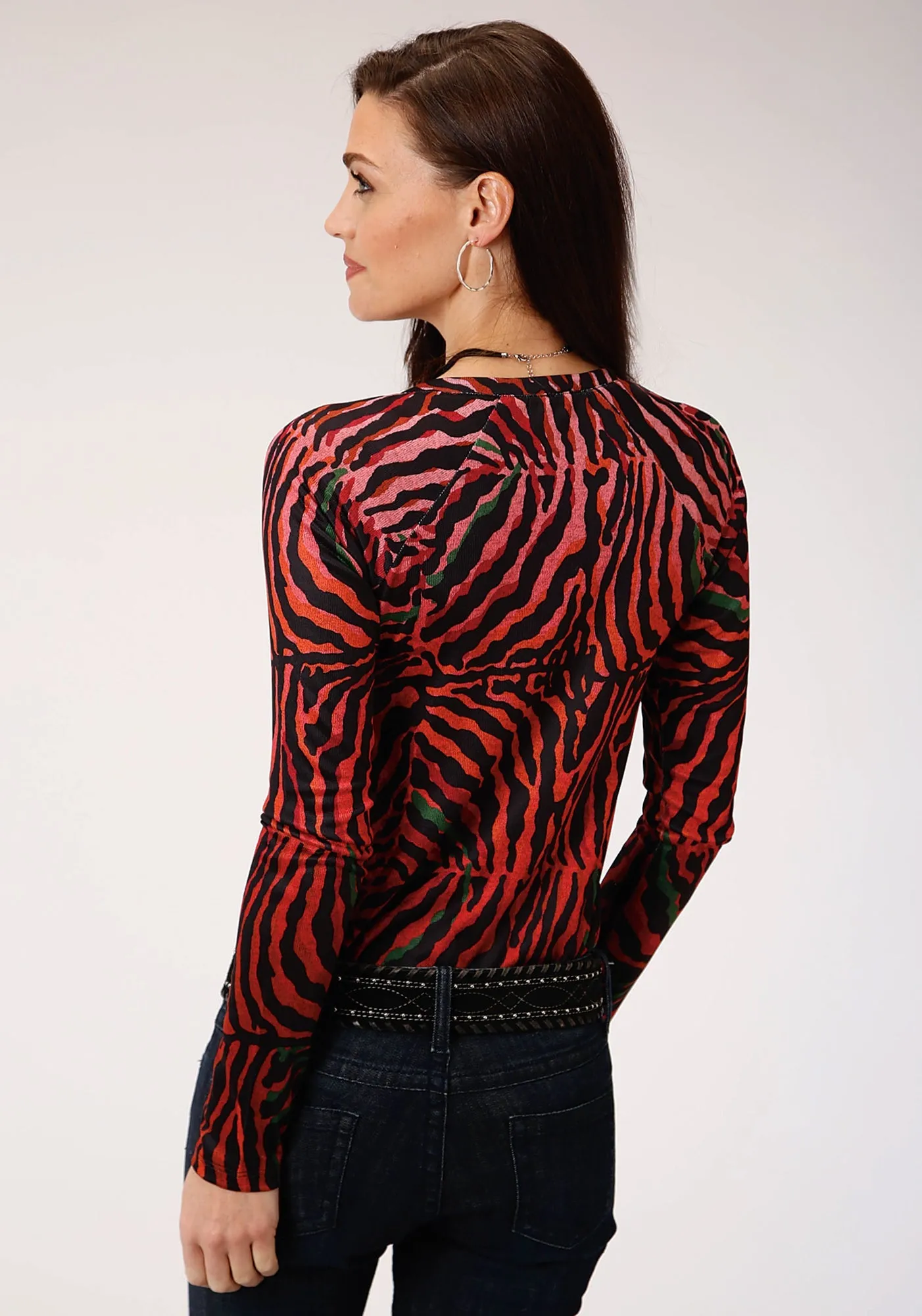 Sunny Vibes Casual Roper Womens Red/Black Polyester Abstract Animal L/S Tunic