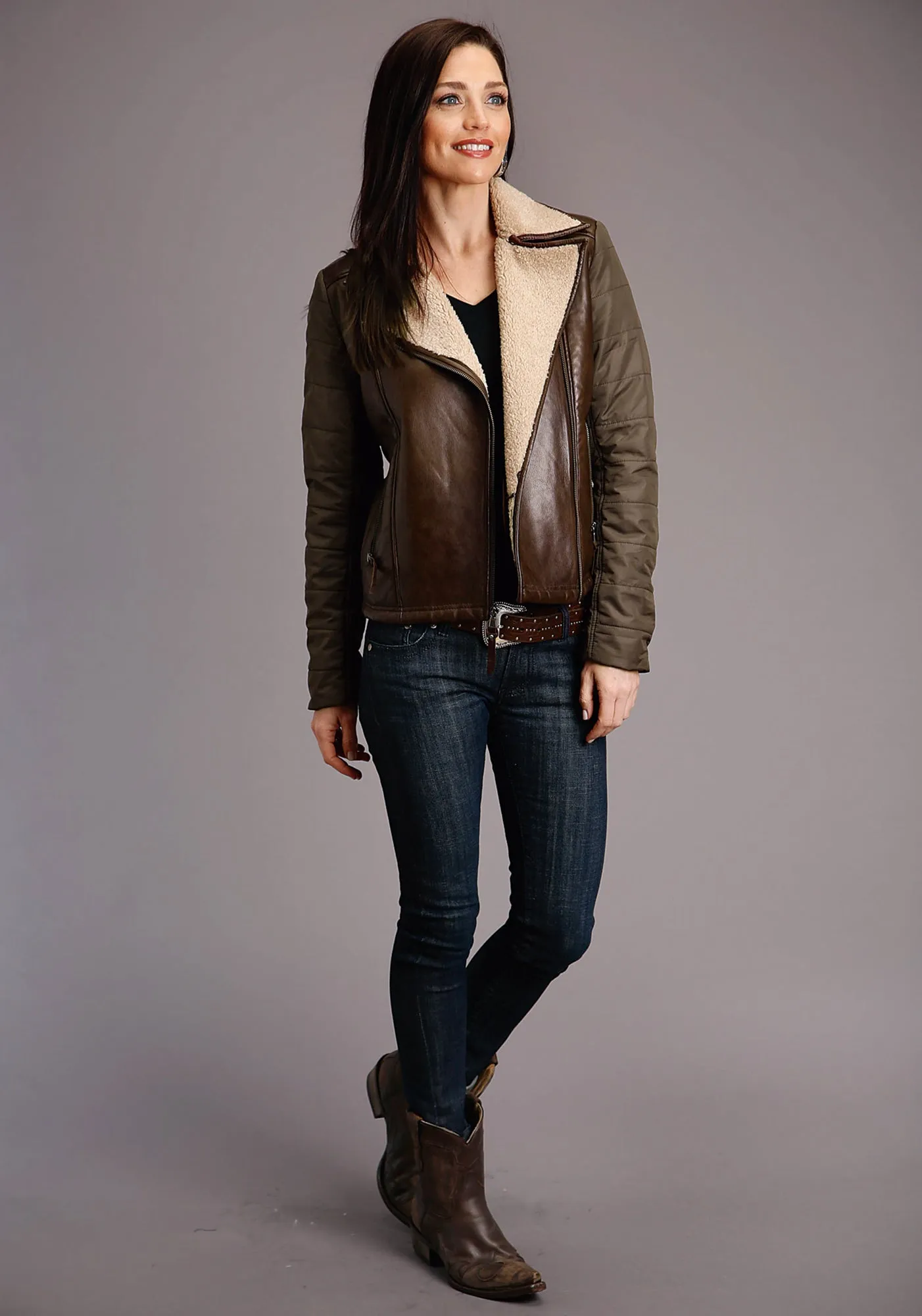 Stetson Womens Dark Brown Leather Motorcycle Jacket Functional Comfort