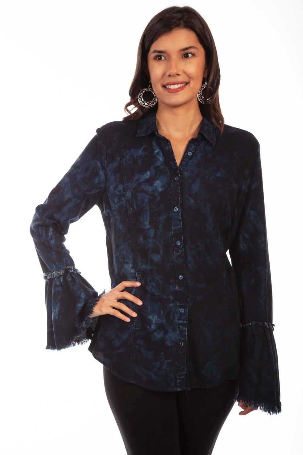 Staple Piece Double Layered Knees Scully Womens Black/Blue Cotton Blend Washed L/S Blouse