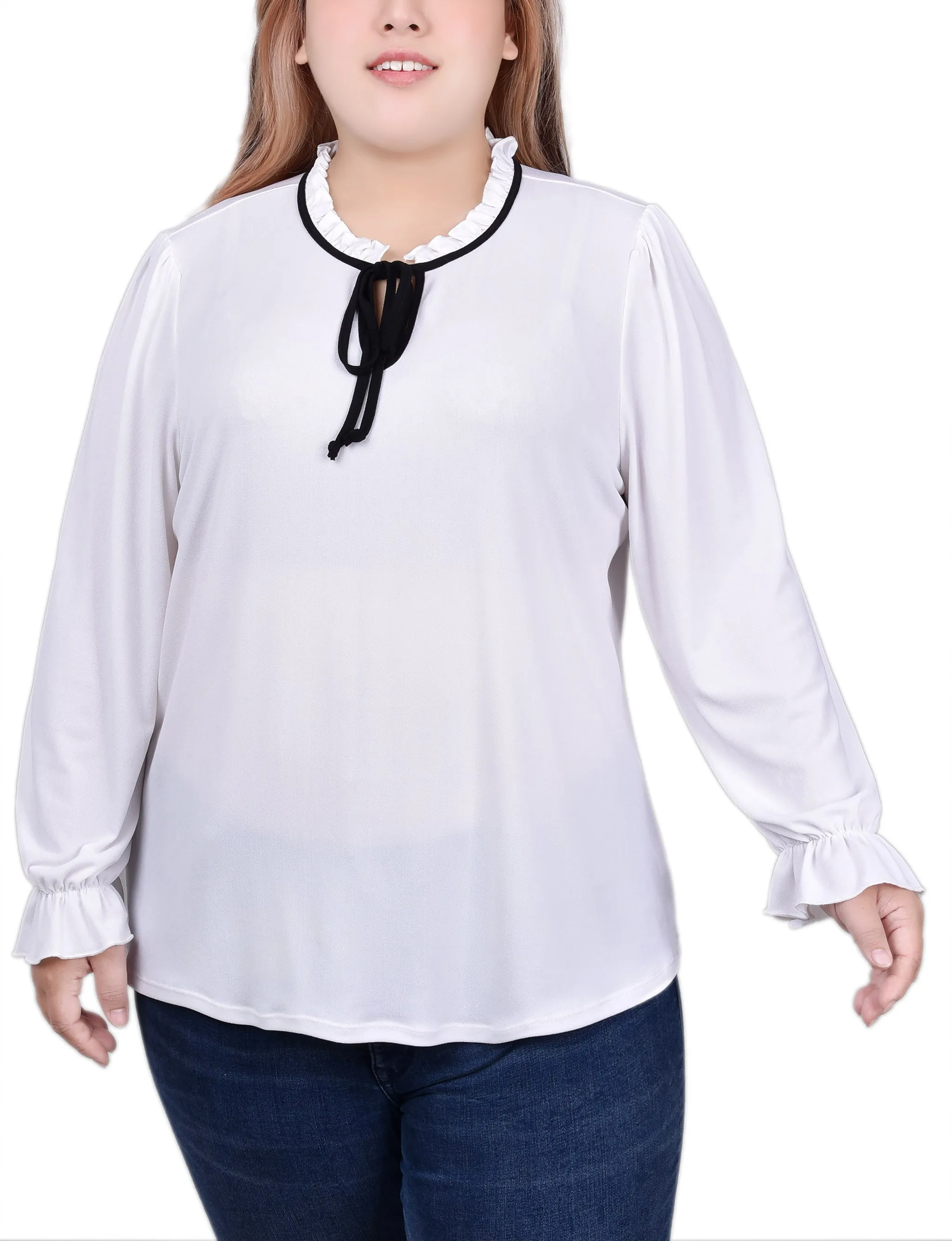 Plus Size Long Sleeve Tie Neck Top Elegant Motion Fitted Style