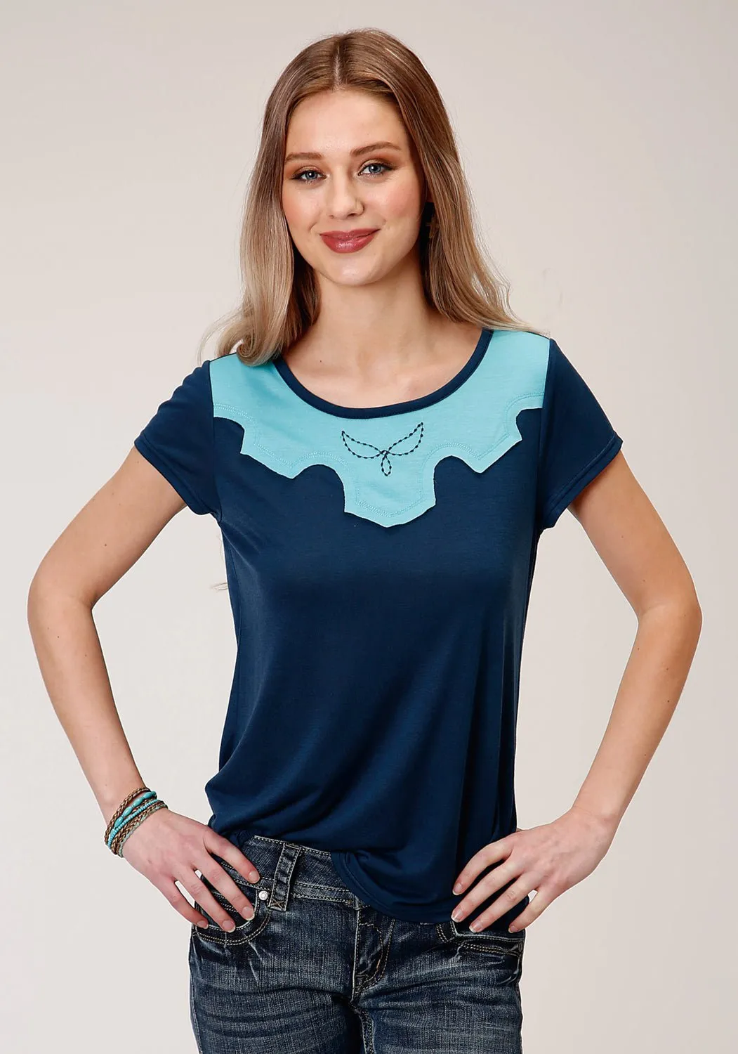 Roper Womens Navy Poly/Rayon Boyfriend Crew S/S T-Shirt Slim Silhouette