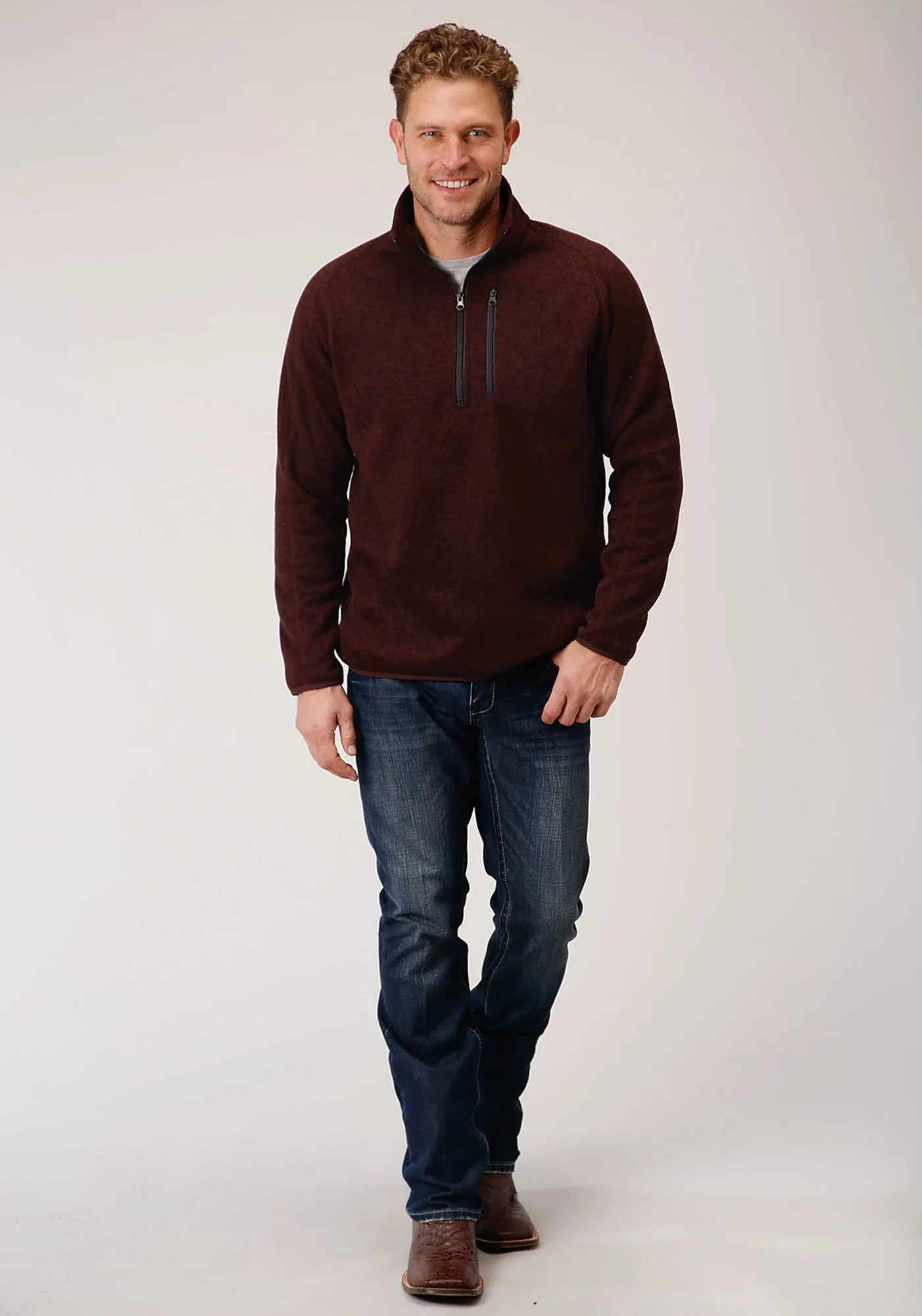 Abrasion Resistant Edges Stetson Mens Wine Polyester 1/4 Zip Pullover Sweater