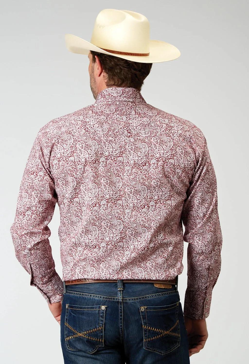 Odor control Thermal Regulation Fabric Roper Mens Stretch Paisley Red Cotton Blend L/S Shirt