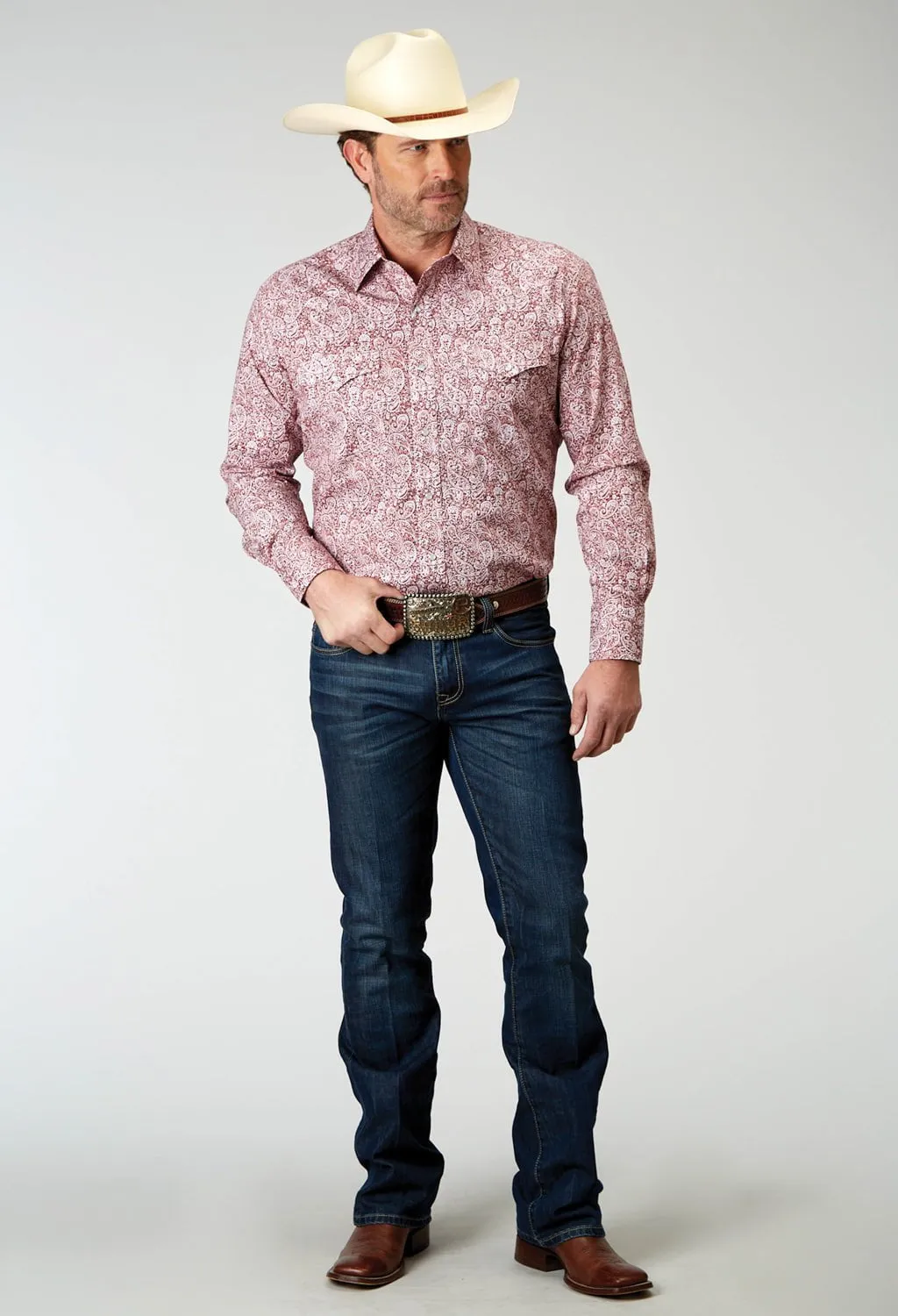 Odor Control Technology Tailored Style Roper Mens Stretch Paisley Red Cotton Blend L/S Shirt