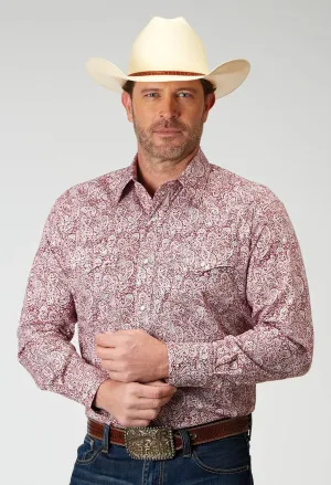 Light Option Roper Mens Stretch Paisley Red Cotton Blend L/S Shirt Reinforced Hems Adjustable Cuff Closure Roper Mens Stretch Paisley Red Cotton Blend L/S Shirt