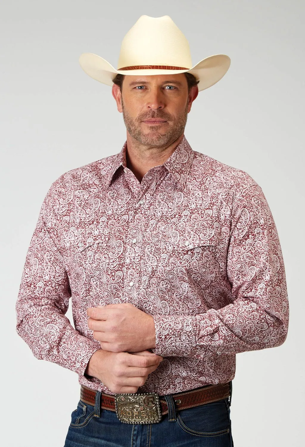 Reinforced Hems Adjustable Cuff Closure Roper Mens Stretch Paisley Red Cotton Blend L/S Shirt