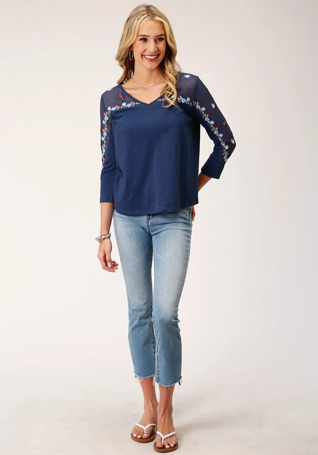 Roper Womens Floral Mesh Blue 100% Cotton 3/4 Sleeve S/S Tunic Sports Ready