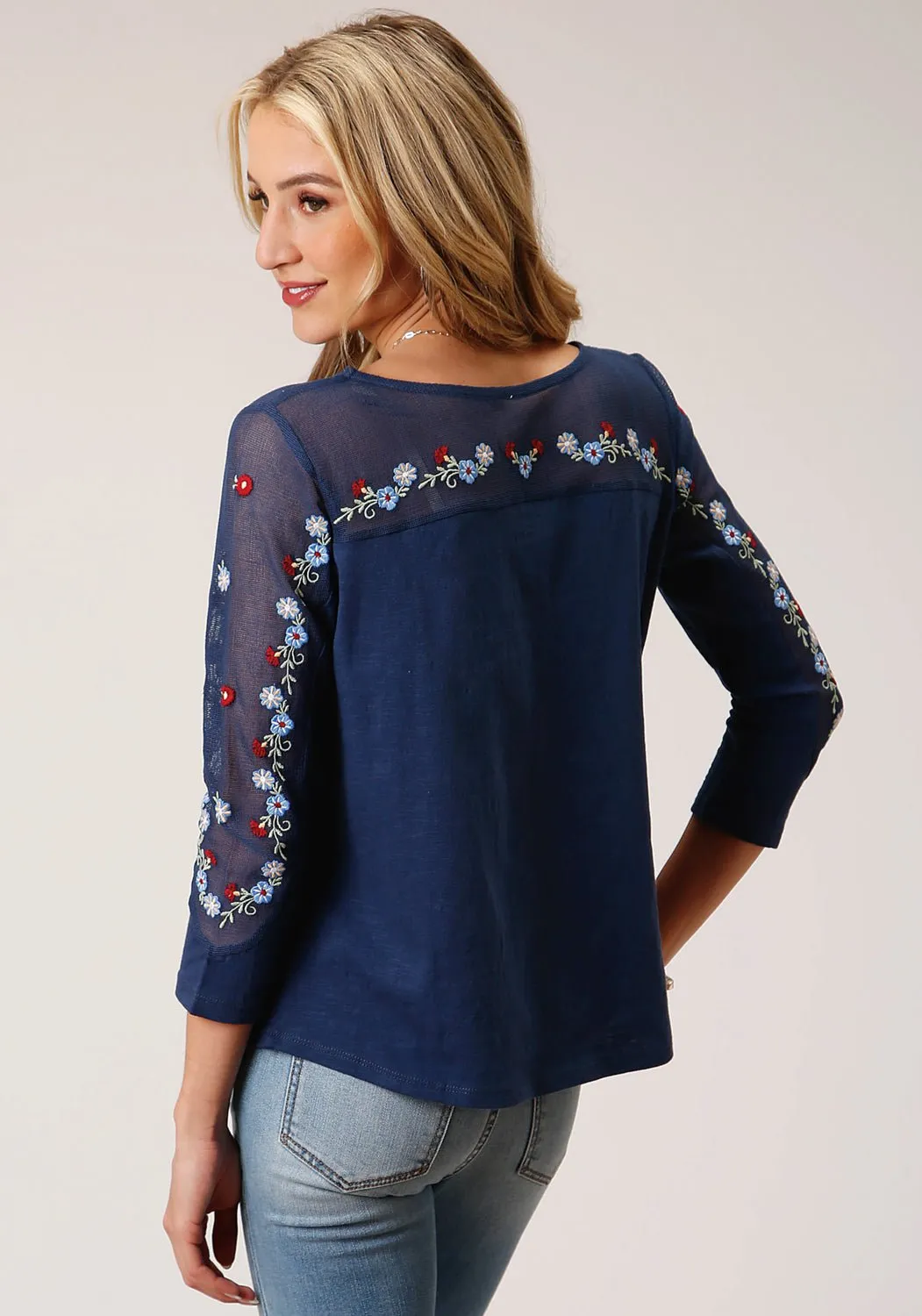 Casual Sophistication Roper Womens Floral Mesh Blue 100% Cotton 3/4 Sleeve S/S Tunic