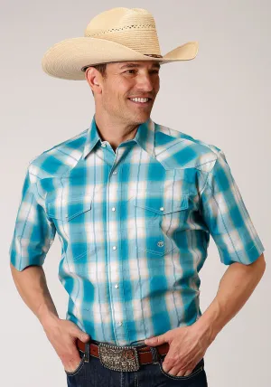 Light tone Roper Mens Turquoise 100% Cotton Sand Ombre S/S Plaid Shirt handmade touch Roper Mens Turquoise 100% Cotton Sand Ombre S/S Plaid Shirt