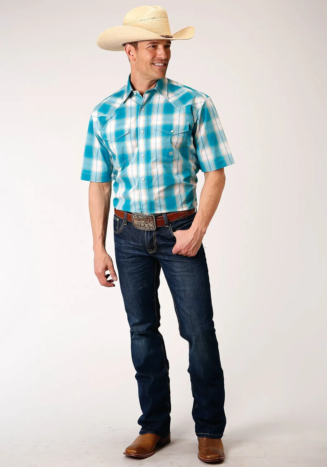 Roper Mens Turquoise 100% Cotton Sand Ombre S/S Plaid Shirt Vintage Style