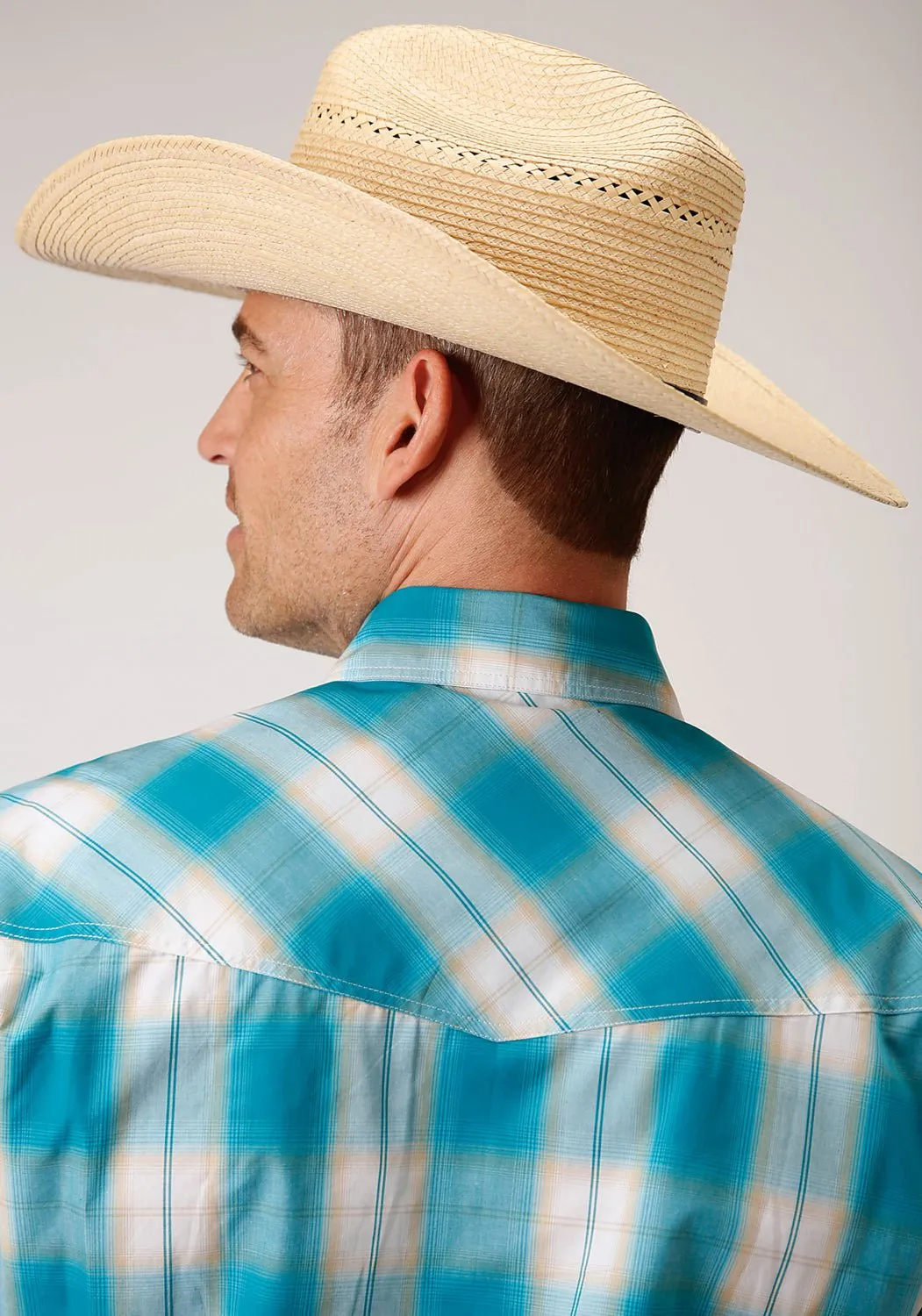Tall Length Festival Outfit Roper Mens Turquoise 100% Cotton Sand Ombre S/S Plaid Shirt