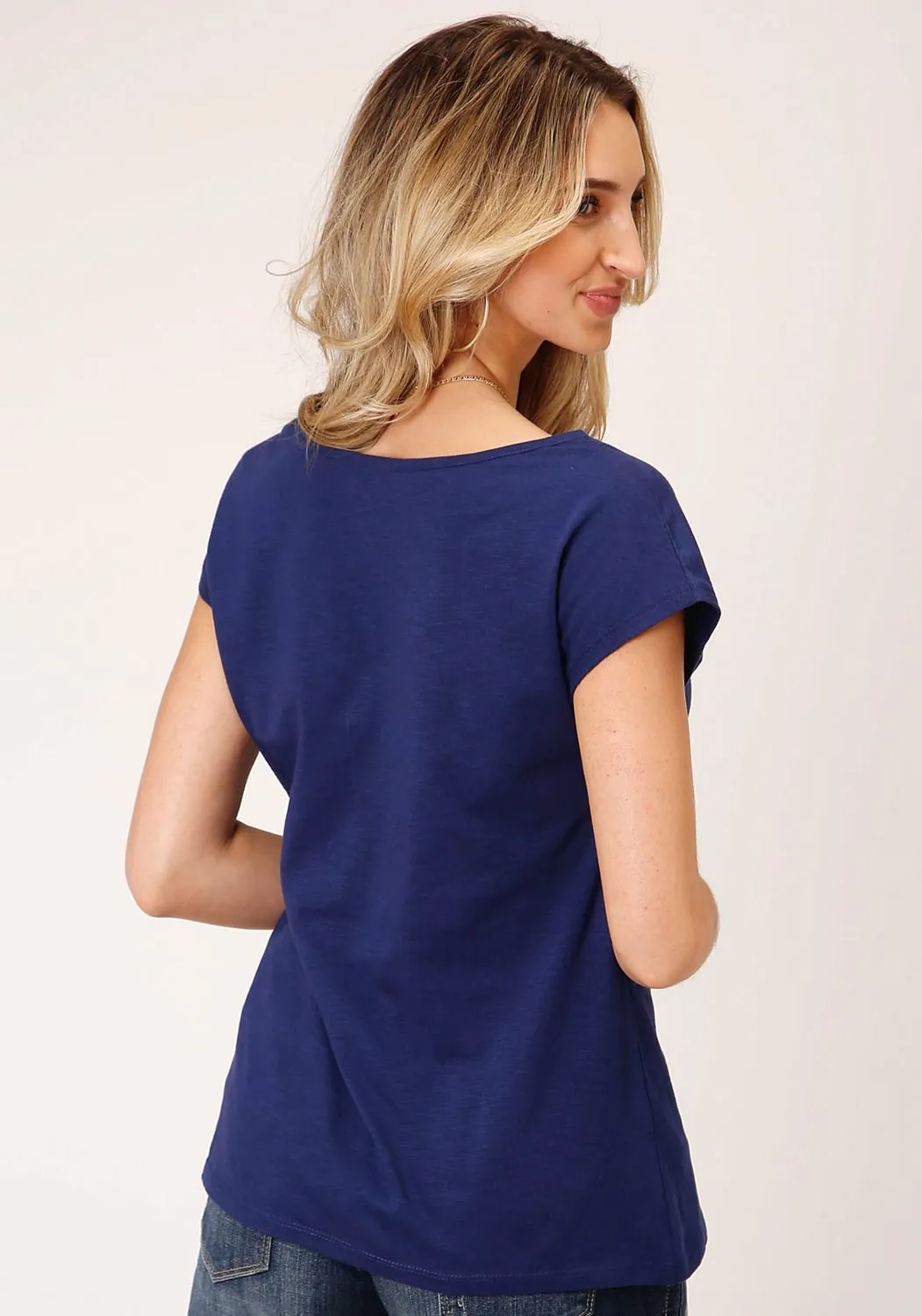 Roper Womens Aztec Pocket Blue 100% Cotton S/S T-Shirt Sleek Silhouette